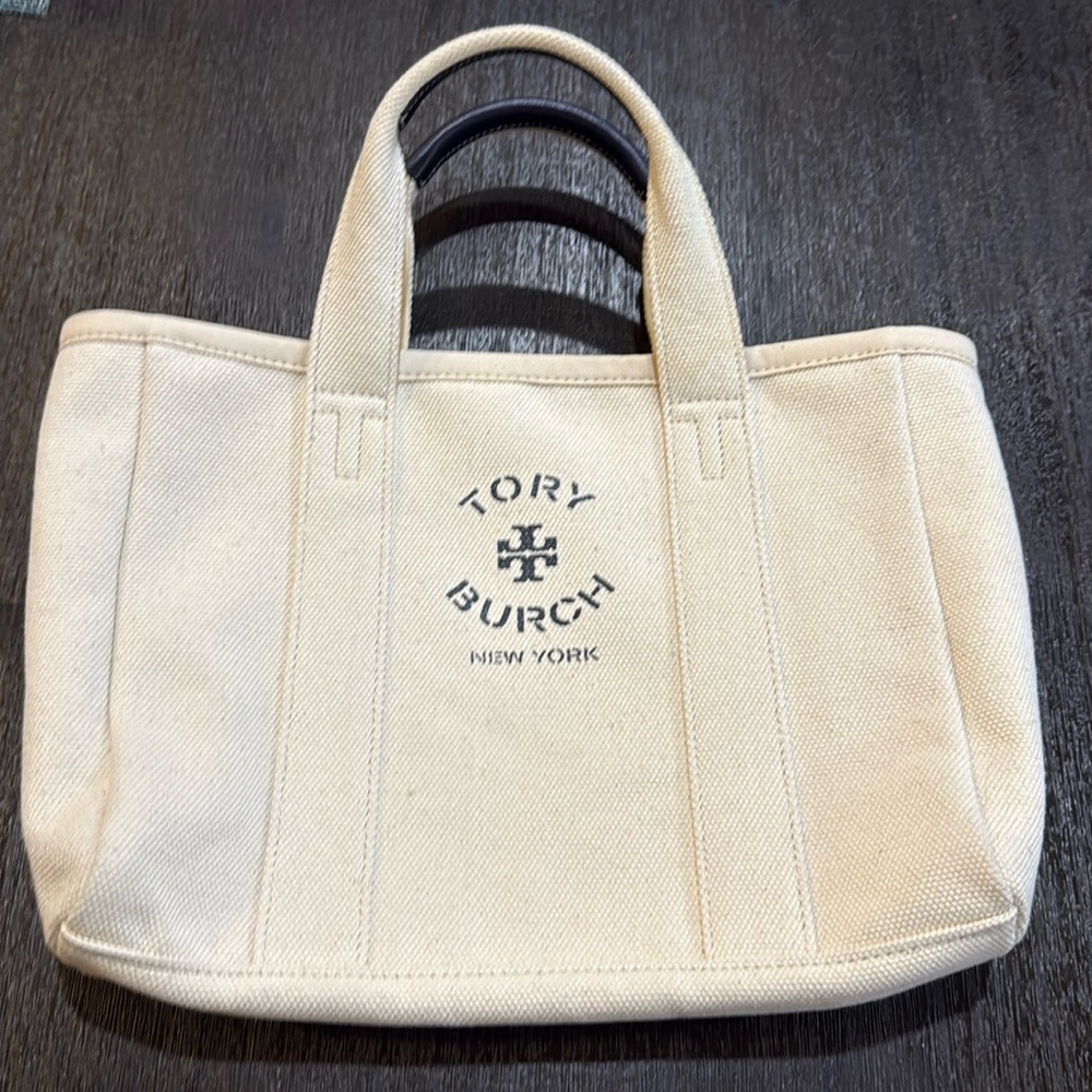 Tory Burch Canvas Off White/Blue Women's Small Tote Bag
